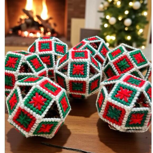 Christmas Tree or Wreath Ornaments 3” Handmade Plastic Canvas Yarn Balls Lot 7 - Picture 1 of 3